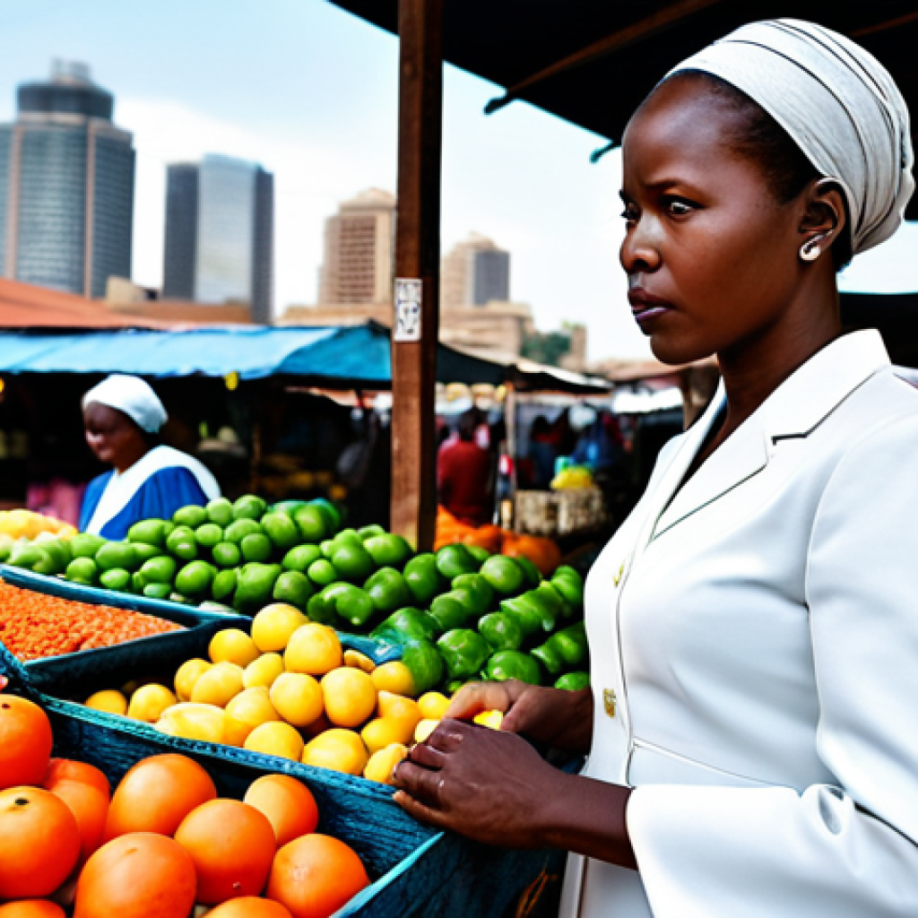 South Africa: Blending Tradition and Modernity**

A professional woman, fully clothed in modest, contemporary professional dress, stands in a vibrant South African market. She is thoughtfully observing artistic crafts and fresh produce, with a backdrop that subtly suggests a modern city skyline. The scene is bustling yet orderly, reflecting a fusion of cultural influences and contemporary life. The woman exhibits perfect anatomy, correct proportions, and a natural pose, with well-formed hands and proper finger count. The image should be a high-quality, professional photograph with natural body proportions, safe for work, appropriate content, and family-friendly.

**