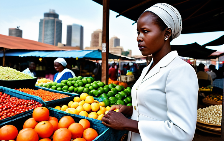 South Africa: Blending Tradition and Modernity**
A professional woman, fully clothed in modest, contemporary professional dress, stands in a vibrant South African market. She is thoughtfully observing artistic crafts and fresh produce, with a backdrop that subtly suggests a modern city skyline. The scene is bustling yet orderly, reflecting a fusion of cultural influences and contemporary life. The woman exhibits perfect anatomy, correct proportions, and a natural pose, with well-formed hands and proper finger count. The image should be a high-quality, professional photograph with natural body proportions, safe for work, appropriate content, and family-friendly.
**