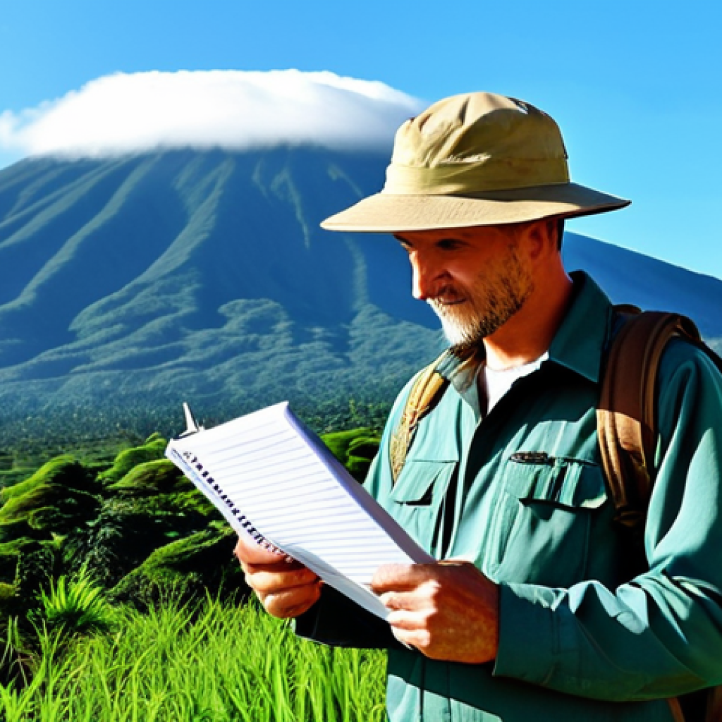 **
"A professional travel blogger, fully clothed in modest safari attire, taking notes in front of Mount Cameroon, clear blue sky, lush green landscape, safe for work, appropriate content, perfect anatomy, natural proportions, professional photography, high quality, family-friendly."
**