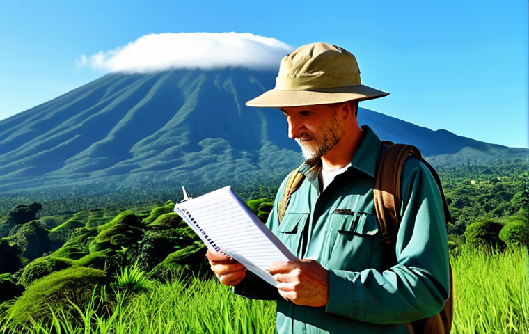 **
"A professional travel blogger, fully clothed in modest safari attire, taking notes in front of Mount Cameroon, clear blue sky, lush green landscape, safe for work, appropriate content, perfect anatomy, natural proportions, professional photography, high quality, family-friendly."
**