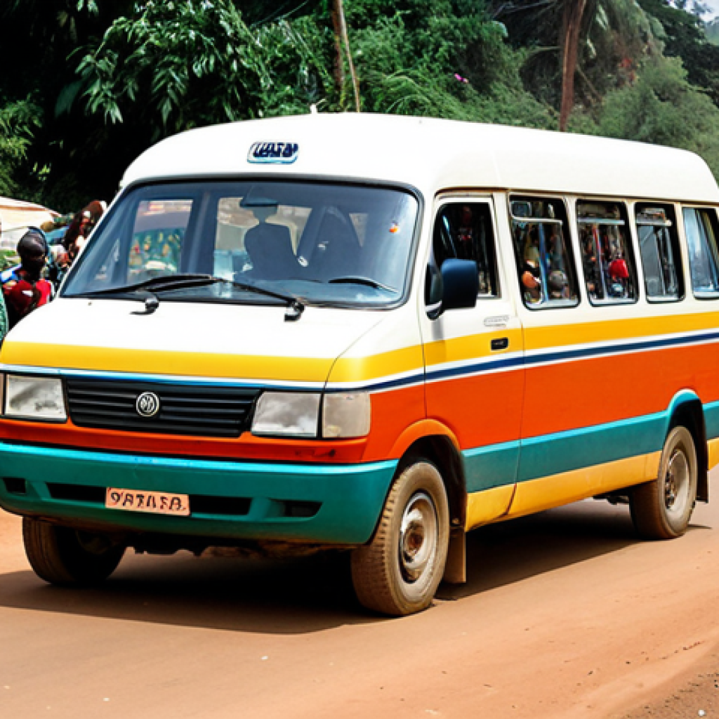 Bustling Car Rapide Scene**

"A vibrantly colored 'car rapide' minibus, fully loaded with passengers in appropriate attire, traveling down a dusty road in Cameroon. Market stalls and local people line the roadside. Safe for work, appropriate content, fully clothed, perfect anatomy, correct proportions, professional travel photography, high quality, modest setting."

**