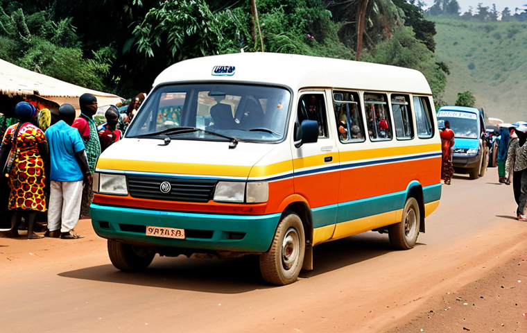 Bustling Car Rapide Scene**
"A vibrantly colored 'car rapide' minibus, fully loaded with passengers in appropriate attire, traveling down a dusty road in Cameroon. Market stalls and local people line the roadside. Safe for work, appropriate content, fully clothed, perfect anatomy, correct proportions, professional travel photography, high quality, modest setting."
**