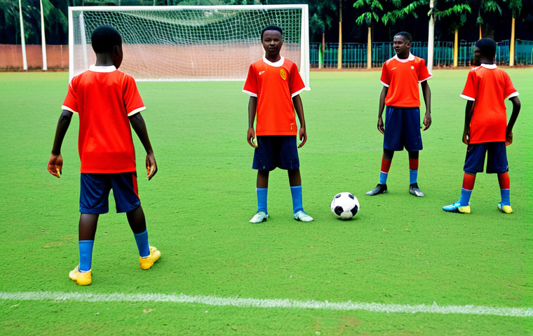 Youth Academy Training Session**
"A group of young, fully clothed football players in matching modest training gear are practicing drills on a well-maintained grass field at a modern training facility in Yaoundé, Cameroon, appropriate content, safe for work, perfect anatomy, correct proportions, natural pose, professional photography, high quality, dynamic action shot, clear sunny day."
**