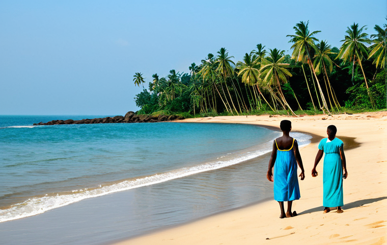 카메룬 크리비 해변 여행 - Kribi Beach Scene**

"A wide, scenic view of Ebom&eacute; beach in Kribi, Cameroon. White sand, clear turqu...