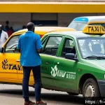 Home 14 카메룬 공항에서 시내로 가는 방법 - A busy Douala airport taxi stand scene during daytime, featuring traditional official taxis painted ...