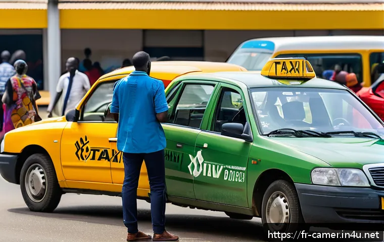 카메룬 공항에서 시내로 가는 방법 - A busy Douala airport taxi stand scene during daytime, featuring traditional official taxis painted ...