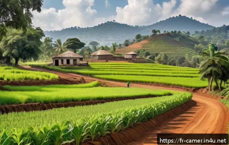 카메룬 내 빈곤 문제와 대책 - A vibrant rural Cameroonian agricultural scene showcasing modernized infrastructure: well-maintained...