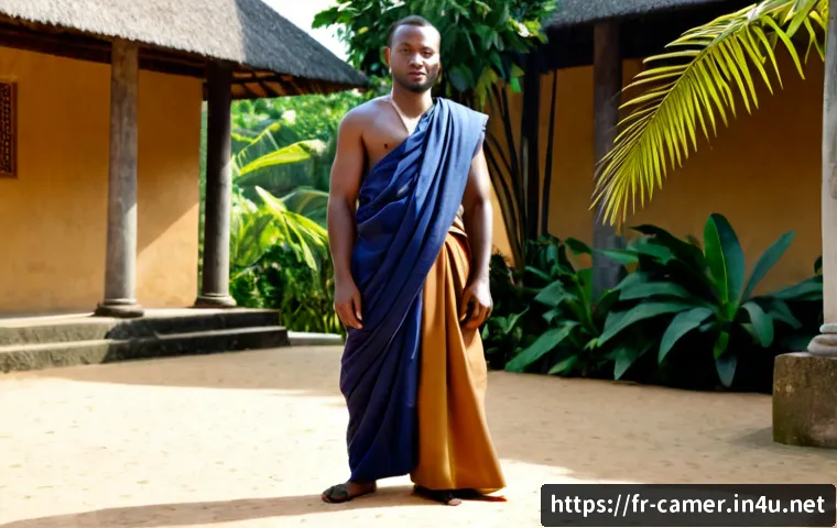 카메룬 전통 의상  토가 - Photorealistic full-length portrait of a Cameroonian man wearing an elegant traditional toga-style d...