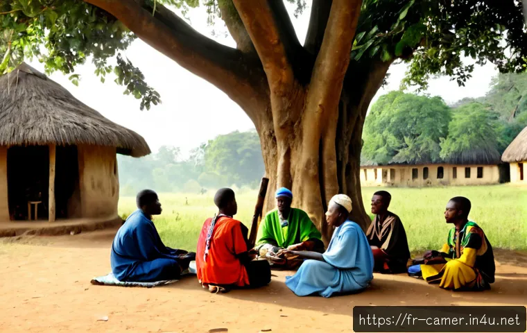 Home 17 카메룬 부족 신앙과 토속 종교 - Photorealistic documentary-style scene of a Cameroon village spiritual gathering at sunrise, respect...